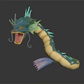 Game Movie Character Blue Serpent With Green Horns Open Mouth Yellow Underbelly And Finned Limbs