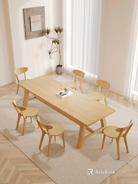 Simple Natural Long Wooden Dining Table With Six Chairs In Bright Room 3d model 