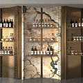 Luxury Wine Cabinet With Golden Frame Marble Panel And Layered Shelves Holding Wine Bottles