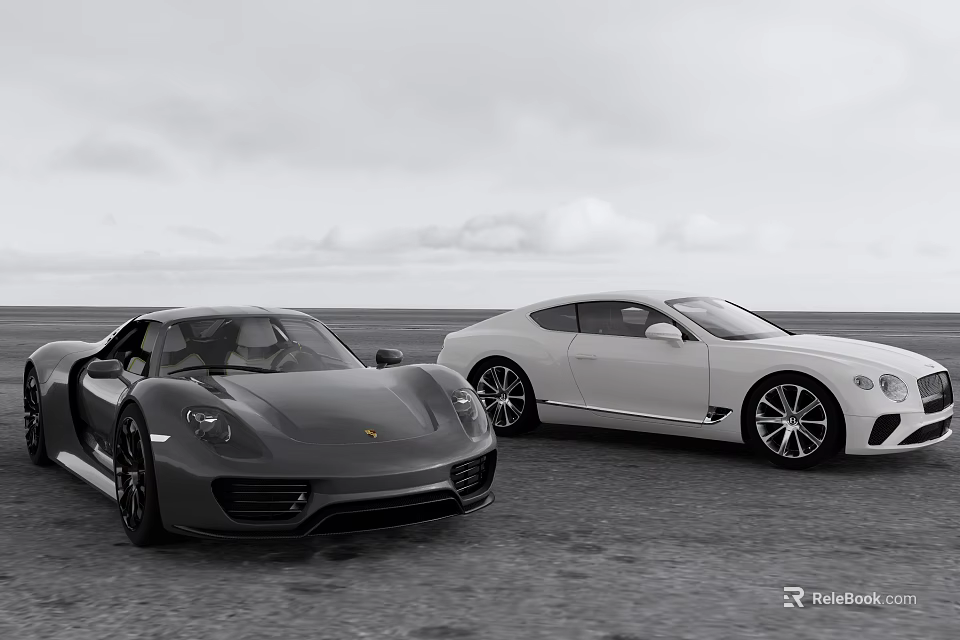 Black And White Luxury Sports Cars Parked On Open Road With Cloudy Sky Background 3d model 