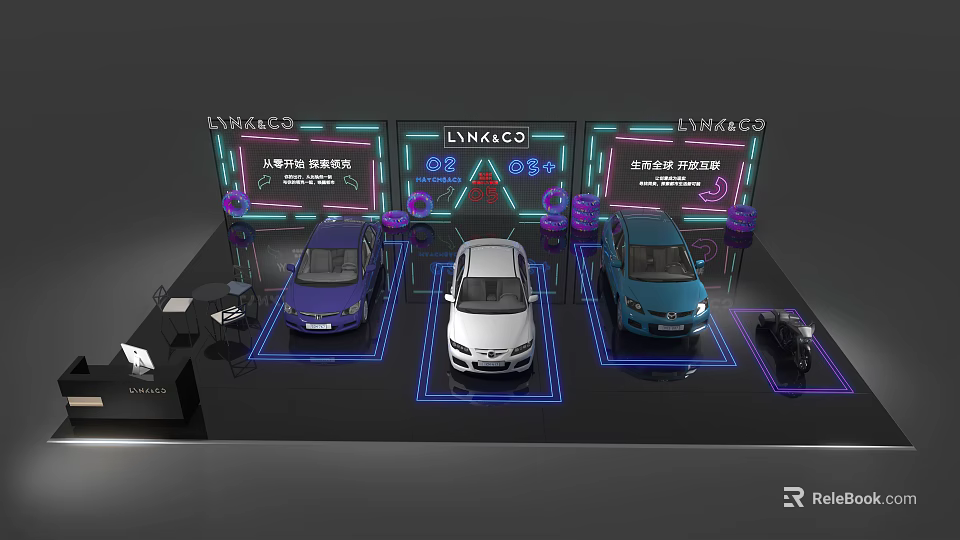 Lynk & Co Car Exhibition Showcase With Three Vehicles Neon Lights And Purple Decorations 3d model 