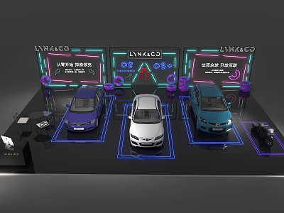 Lynk & Co Car Exhibition Showcase With Three Vehicles Neon Lights And Purple Decorations 3d model