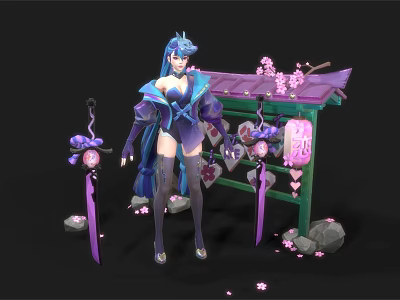 Blue Haired Woman in Elegant Purple Outfit Holding Swords with Cherry Blossoms near Green Pavilion 3d model