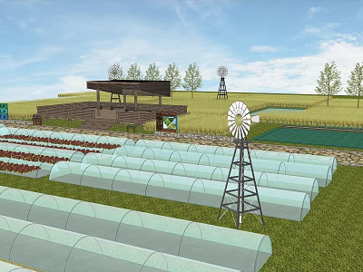 Scenic Rural Landscape With Greenhouses Windmill Fields Trees And Viewing Platform 3d model