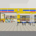 Bright Yellow Blue Supermarket Storefront With Shelves Groceries And Outdoor Seating