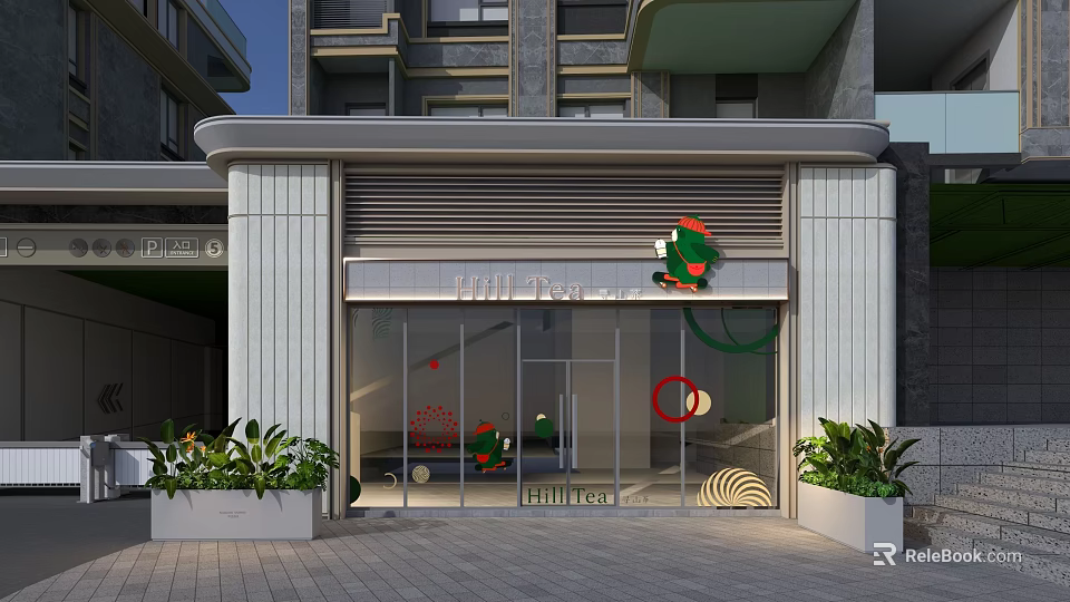 Modern Hello Tea Milk Tea Shop Storefront With Glass Doors Green Plants And Decorative Elements 3d model 