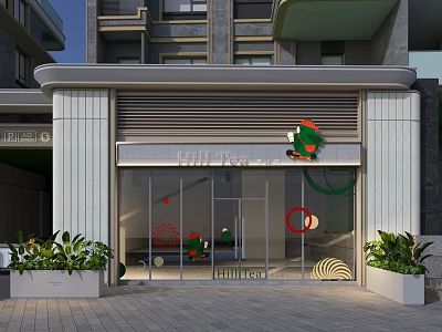 Modern Hello Tea Milk Tea Shop Storefront With Glass Doors Green Plants And Decorative Elements 3d model