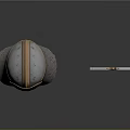 Medieval Metal Helmet With Chain Mail And Red Hilt Sword