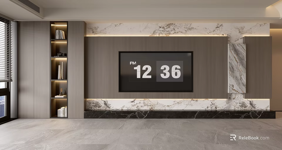 Modern Minimalist TV Backdrop Wall With Marble Accent And Wooden Panel Featuring Built-in Digital 3d model 