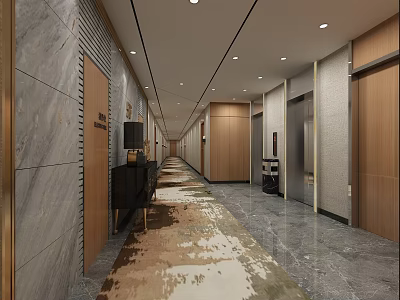 Modern Elevator Hallway With Marble Floor Wooden Doors And Ceiling Lights 3d model