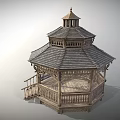 Traditional Wooden Gazebo With Intricate Carved Railings Staircase And Multi Tiered Roof Design