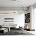 Modern Living Room Interior With White Sofa Black Chairs Round Coffee Table And Circular Chandelier