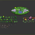 Cartoon Scene With Floating Island Green Grass Trees Purple Clouds And Colorful Mushrooms