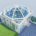 Bright Sunroom With Glass Roof White Frame Wooden Table Chairs And Lush Garden Plants