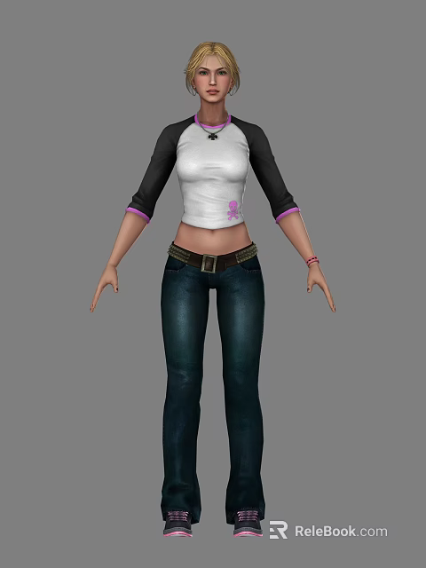 A Woman Wearing White And Black Short Sleeved Top With Pink Accents And Blue Jeans 3d model 