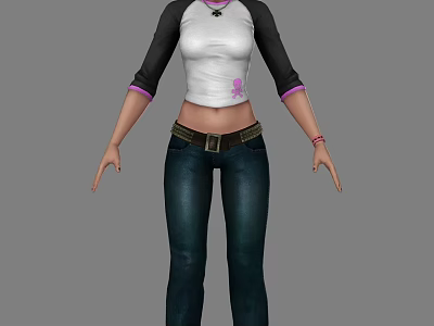 A Woman Wearing White And Black Short Sleeved Top With Pink Accents And Blue Jeans 3d model