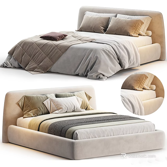 Modern Double Bed With Upholstered Headboard Plush Pillows And Soft Neutral Bedding 3d model 