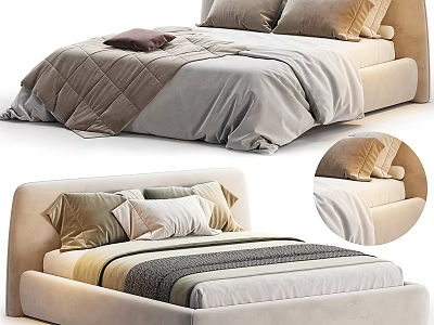 Modern Double Bed With Upholstered Headboard Plush Pillows And Soft Neutral Bedding 3d model
