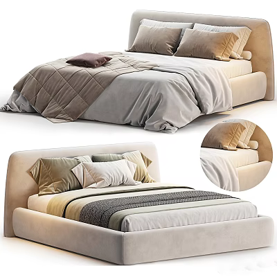 Modern Double Bed With Upholstered Headboard Plush Pillows And Soft Neutral Bedding 3d model