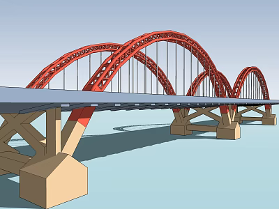 Modern Red Arch Bridge Featuring Multiple Arches Blue Deck And Concrete Pillars 3d model