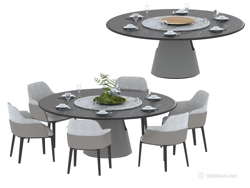 Modern Round Dining Table Set With Six Chairs Tableware And Green Plant 3d model