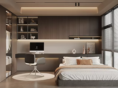 Modern Tatami Bedroom Interior with Tatami Bed Wooden Desk Computer and Bookshelves 3d model