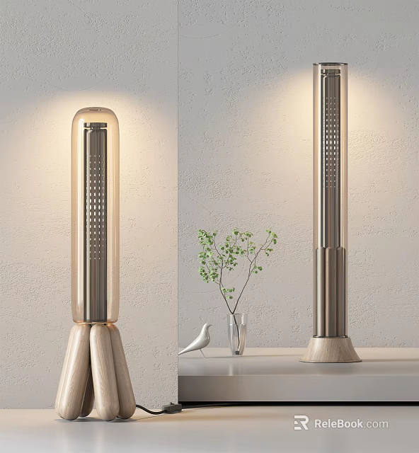 Modern Floor Lamp With Metal Frame Wooden Base And Warm Lighting Near Green Plant Vase 3d model 