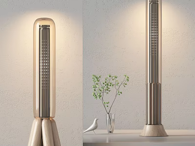 Modern Floor Lamp With Metal Frame Wooden Base And Warm Lighting Near Green Plant Vase 3d model