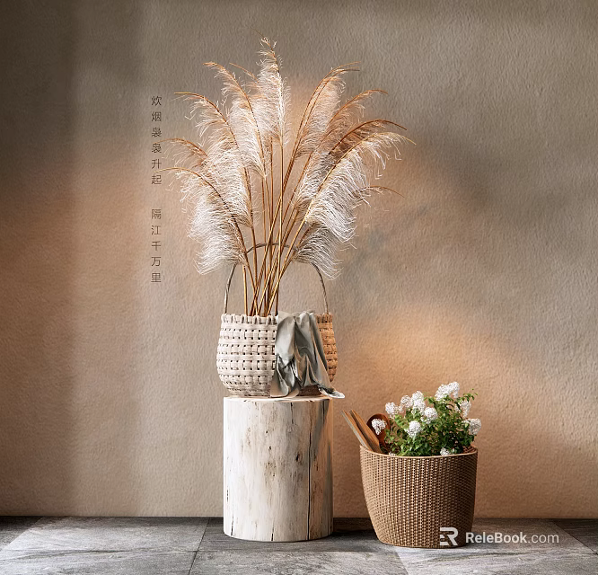 Elegant Woven Vase With Pampas Grass On Wooden Stump And Woven Basket With White Flowers 3d model 