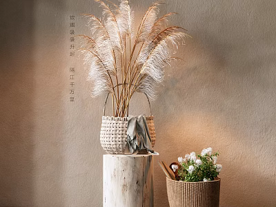 Elegant Woven Vase With Pampas Grass On Wooden Stump And Woven Basket With White Flowers 3d model