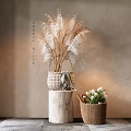 Elegant Woven Vase With Pampas Grass On Wooden Stump And Woven Basket With White Flowers