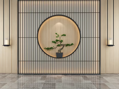 Modern Chinese Feature Wall With Grille Design Circular Wooden Panel Bonsai Plant And Hanging Lanterns 3d model