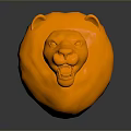 Artistic Orange Lion Head Sculpture With Detailed Textured Surface And Reflective Base