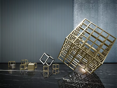 Golden Metal Geometric Cube Sculpture For Modern Luxury Indoor Gallery Decor 3d model