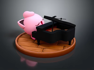 Pink Cartoon Character With Closed Eyes Leaning On Black Piano On Round Wooden Platform 3d model