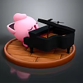 Pink Cartoon Character With Closed Eyes Leaning On Black Piano On Round Wooden Platform
