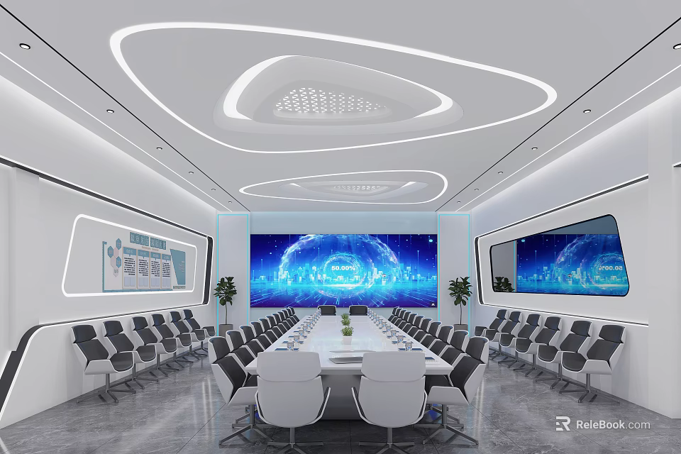 Modern Conference Room Interior With Large Table White Chairs Blue Screen Circular Lights And Plants 3d model 