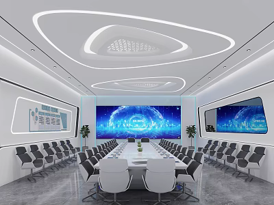 Modern Conference Room Interior With Large Table White Chairs Blue Screen Circular Lights And Plants 3d model
