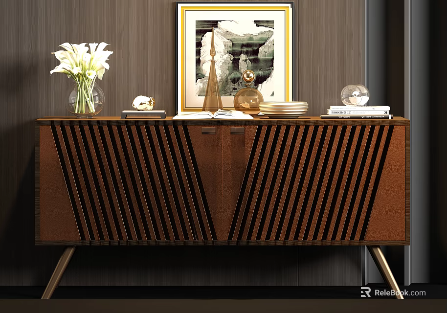 Brown Vertical Slat Design Console Table with White Lilies Framed Art and Metal Legs 3d model 