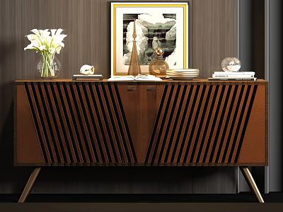 Brown Vertical Slat Design Console Table with White Lilies Framed Art and Metal Legs 3d model