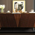 Brown Vertical Slat Design Console Table with White Lilies Framed Art and Metal Legs