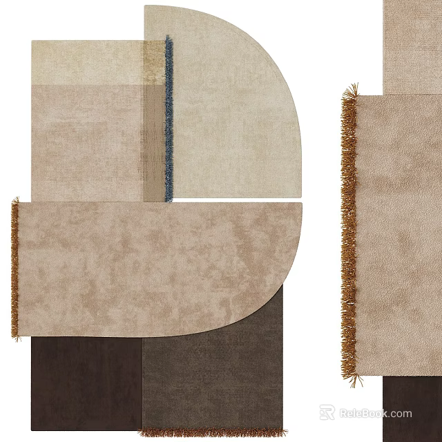 Geometric Shaped Neutral Toned Rug With Fringed Edges And Patchwork Design 3d model