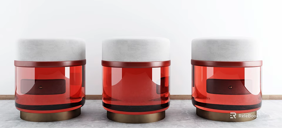 Three Red Transparent Ottomans with White Cushion and Gold Base Design 3d model