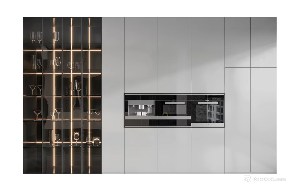 Modern Wine Cabinet Design With Glass Door Lighting And White Storage Cabinets 3d model 