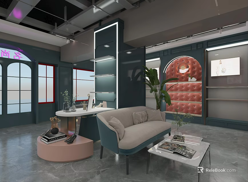 Modern Boutique Store Interior Design With Sofa Glass Coffee Table Green Plant And Display Shelves 3d model 