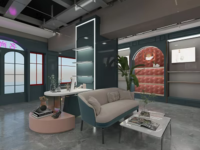 Modern Boutique Store Interior Design With Sofa Glass Coffee Table Green Plant And Display Shelves 3d model