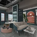 Modern Boutique Store Interior Design With Sofa Glass Coffee Table Green Plant And Display Shelves