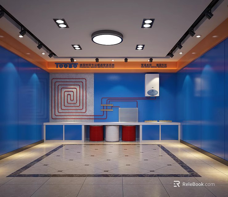 Tooway Developments Showroom Interior With Blue Walls Ceiling Lights And Display Features 3d model 