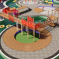 Vibrant Children's Play Area With Play Structures Water Features And Pavilions On Green Lawn
