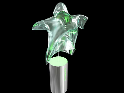 Transparent Green Abstract Art Installation With Illuminated Silver Base On Black Background 3d model